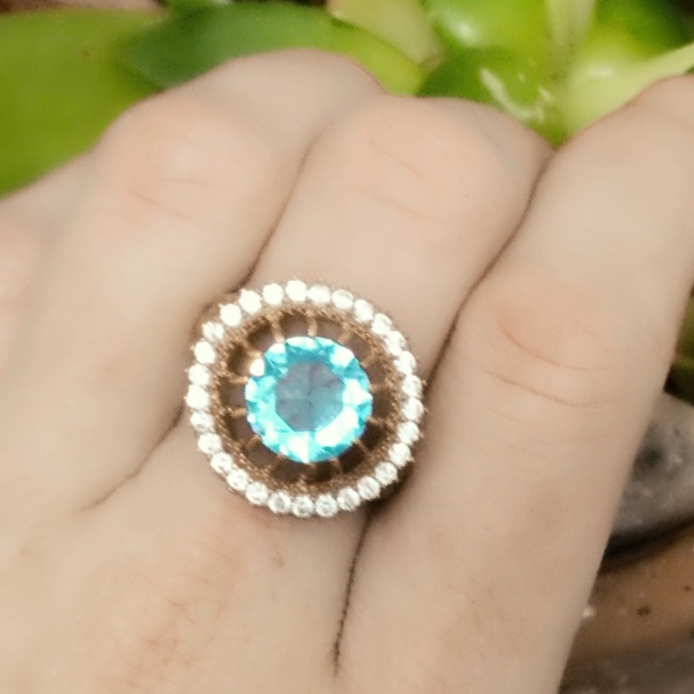 Vintage Blue - White Topaz Sterling Silver Cocktail Ring- Size 10